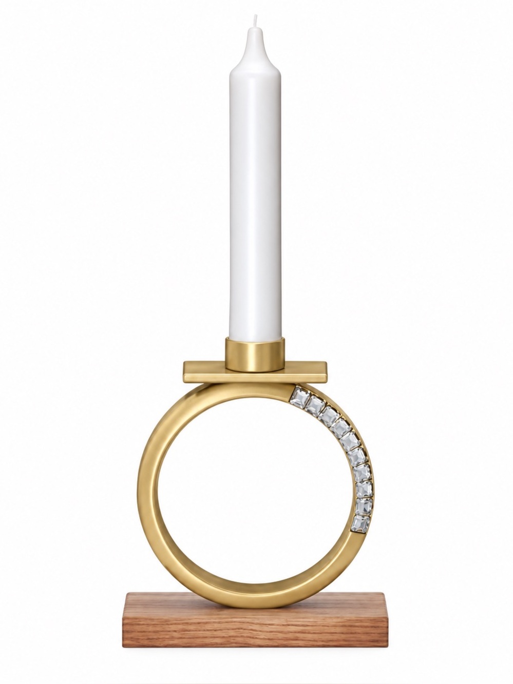 Swarovski Gold Ring Candle Holder with White Taper and Crystal Accents